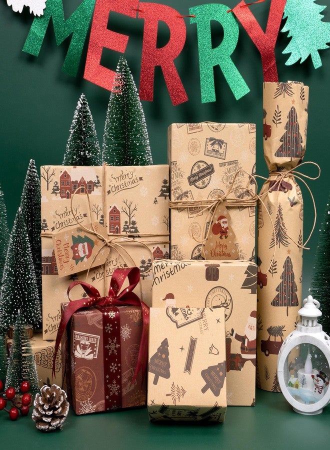 Toptime Christmas Wrapping Paper, 6 Sheets Vintage Gift Wrapping Paper with Ribbon Tags, Red Xmas Kraft Wrap Paper w/Santa Claus, Christmas Tree, Cars, Gift Paper for New Year, Holiday (27.6x19.7in) - Image 3